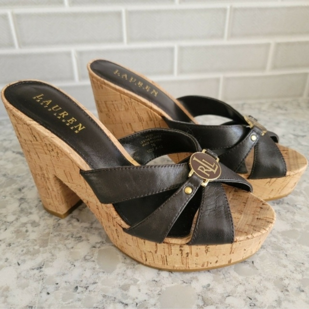 Women's Ralph Lauren Heidi Cork Platform Brown Leather Sandals Size 7B